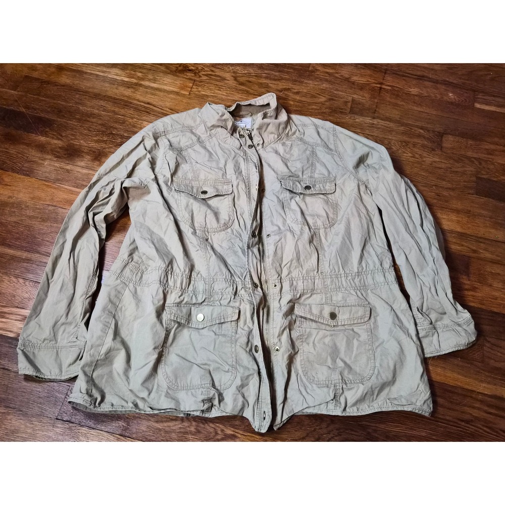 St. Johns Bay Womens 2X Tan Khaki Cotton Utility Safari Jacket Rugged Workwear